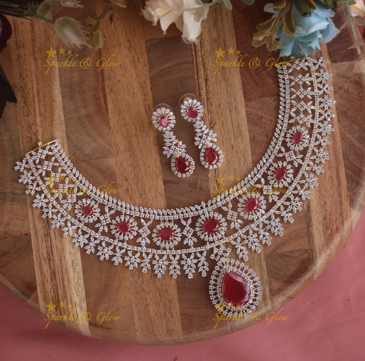 Stunning Floral leaflet design American diamond short necklace with ruby stones - mint green