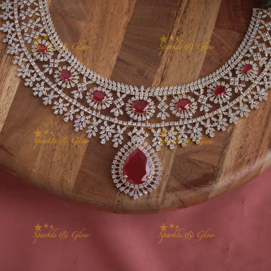 Stunning Floral leaflet design American diamond short necklace with ruby stones - Sparkle and Glow - Back Thread - 