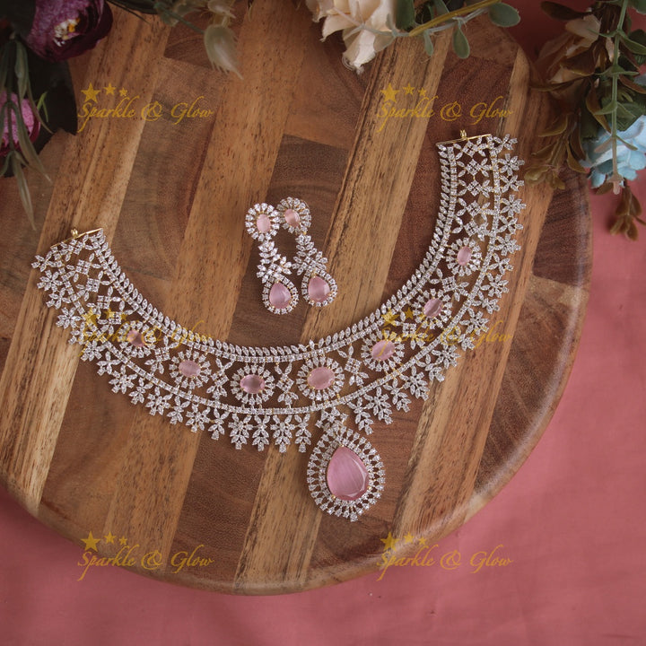 Stunning Floral leaflet design American diamond short necklace with emerald stones - green