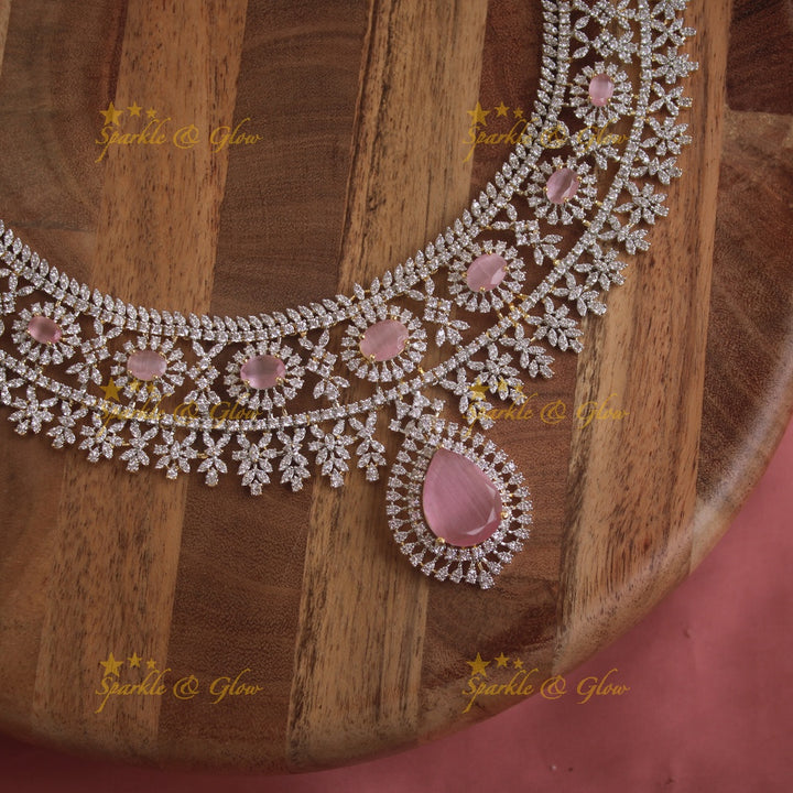 Stunning Floral leaflet design American diamond short necklace with stones - baby pink