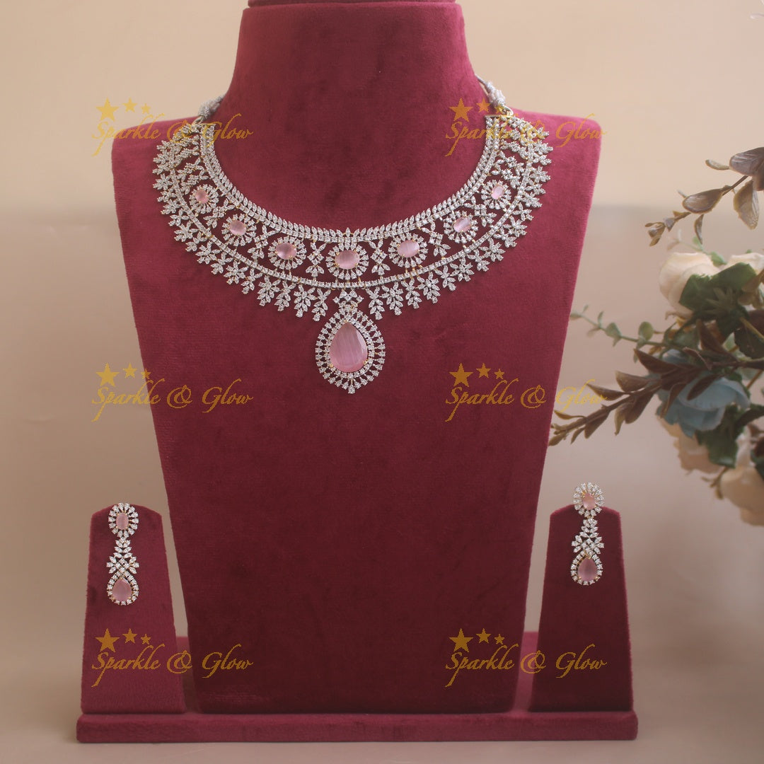 Stunning Floral leaflet design American diamond short necklace with stones - baby pink