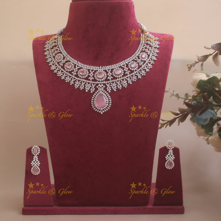 Stunning Floral leaflet design American diamond short necklace with stones - baby pink