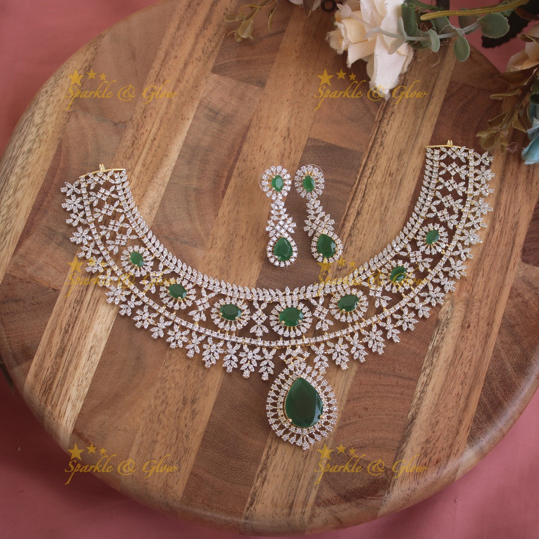Stunning Floral leaflet design American diamond short necklace with ruby stones - mint green