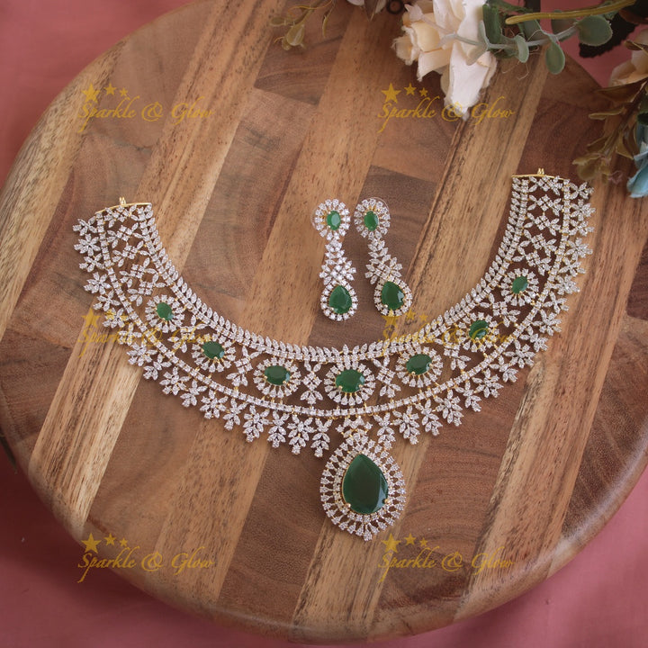Stunning Floral leaflet design American diamond short necklace with ruby stones - mint green