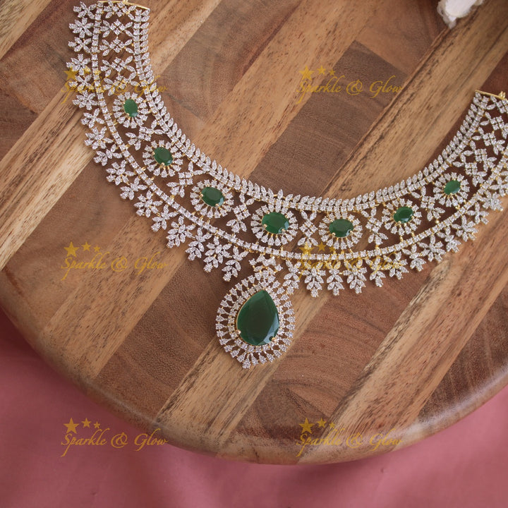 Stunning Floral leaflet design American diamond short necklace with emerald stones - green