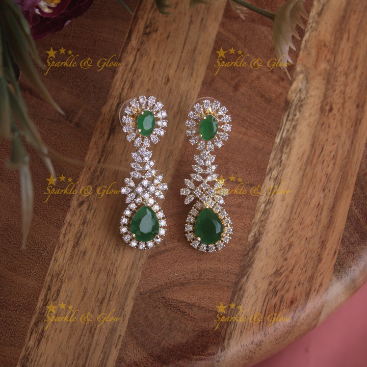 Stunning Floral leaflet design American diamond short necklace with emerald stones - green