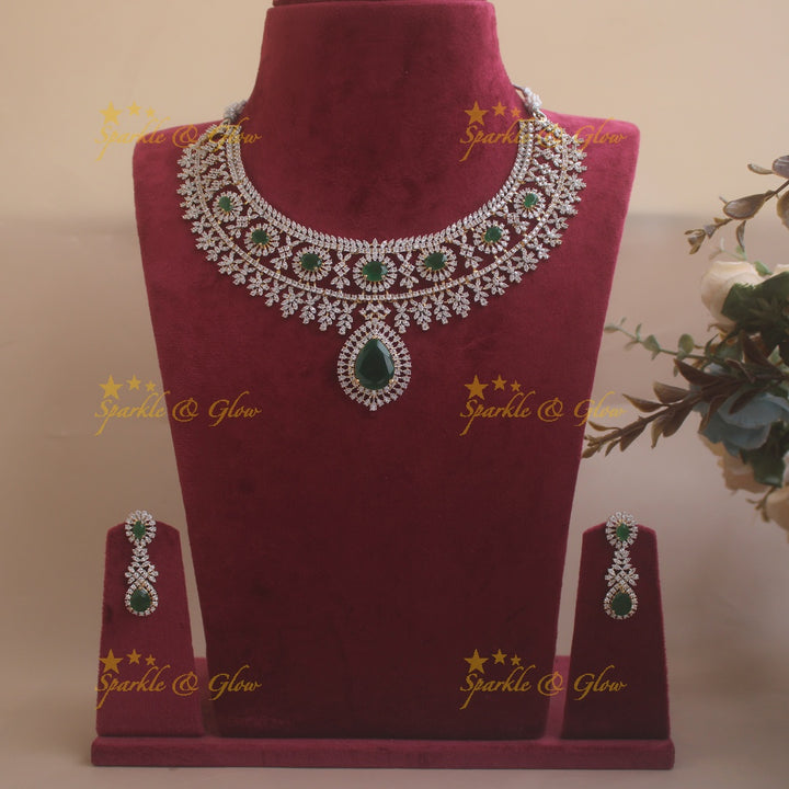 Stunning Floral leaflet design American diamond short necklace with emerald stones - green