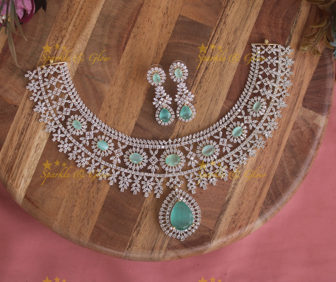 Stunning Floral leaflet design American diamond short necklace with emerald stones - green