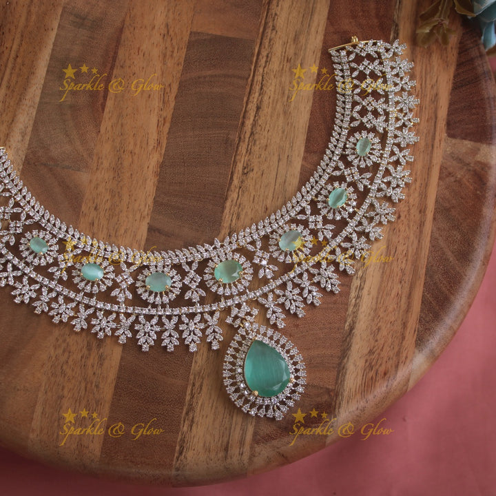 Stunning Floral leaflet design American diamond short necklace with ruby stones - mint green