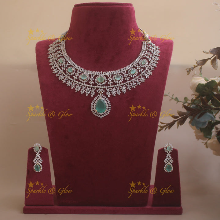 Stunning Floral leaflet design American diamond short necklace with ruby stones - mint green