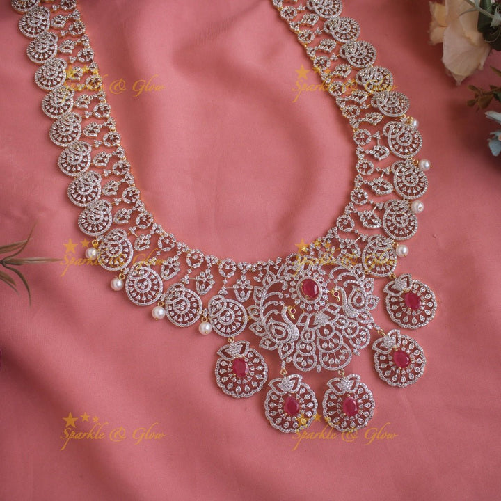 Sparkling Peacock Floral design American diamond long necklace with ruby and pearls - Sparkle and Glow - Back Thread - 