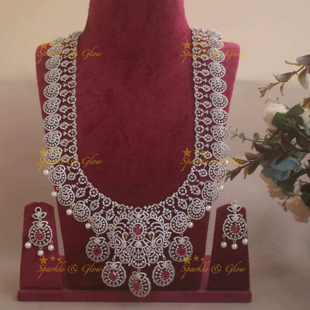Sparkling Peacock Floral design American diamond long necklace with ruby and pearls - Sparkle and Glow - Back Thread - 