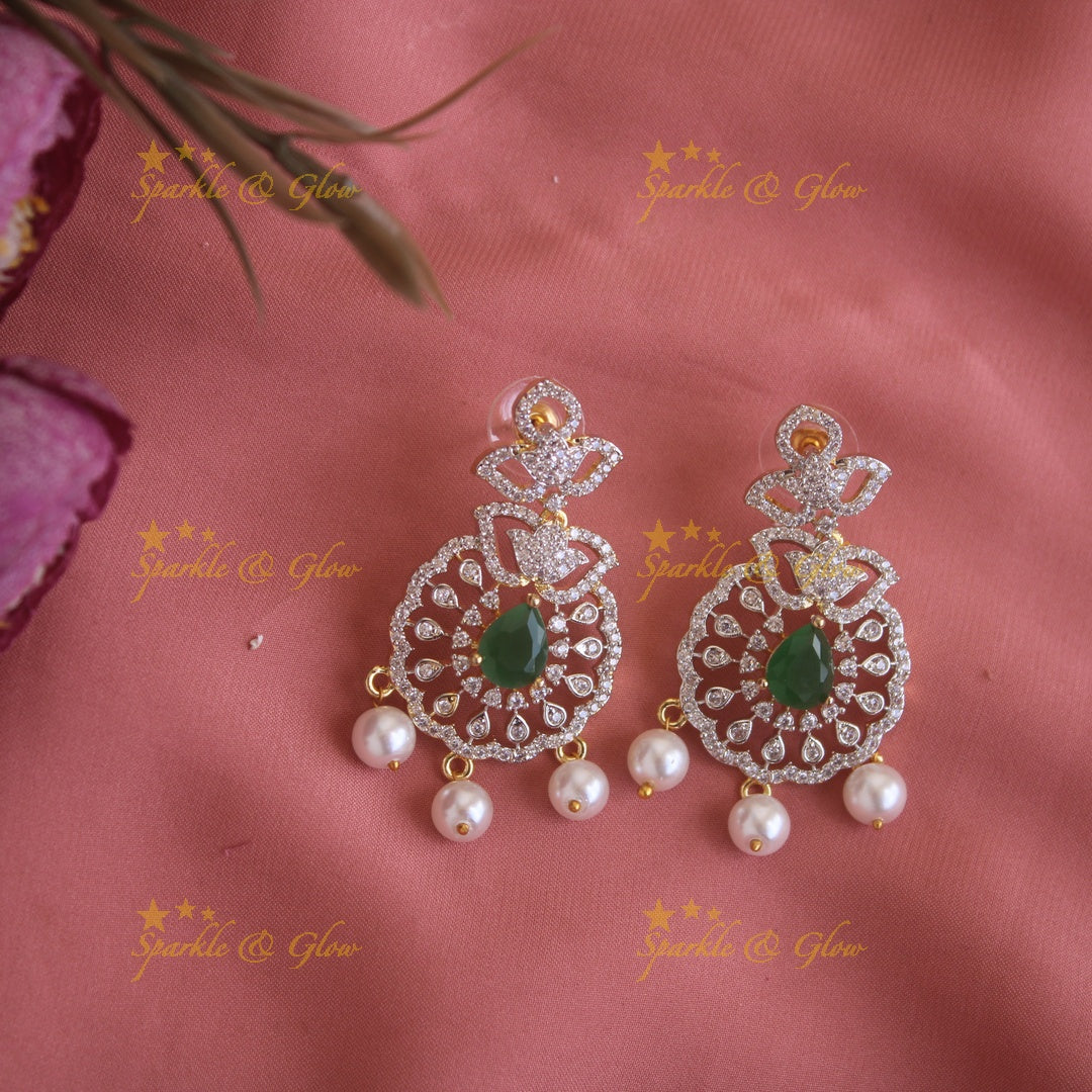 Sparkling Peacock Floral design American diamond long necklace with emerald and pearls - green
