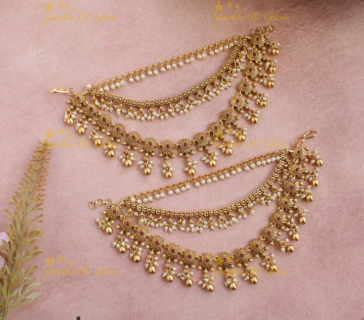 Exclusive Gold alike floral design earchain with gold-pearl beads- Red