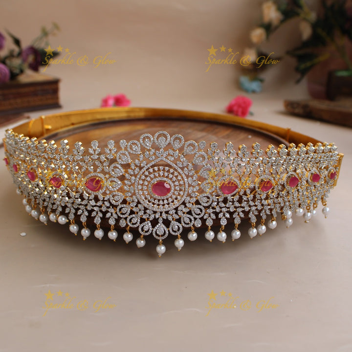 Glittering Floral design American diamond hipbelt with ruby and pearl drops