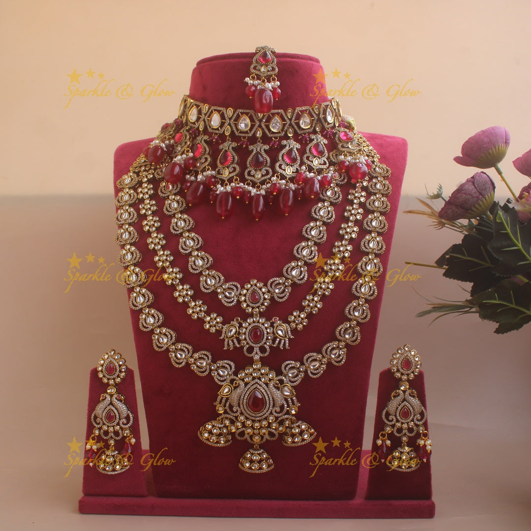 Gorgeous Peacock and Floral Victorian AD Bridal Set with Nose pin and Maang tikka