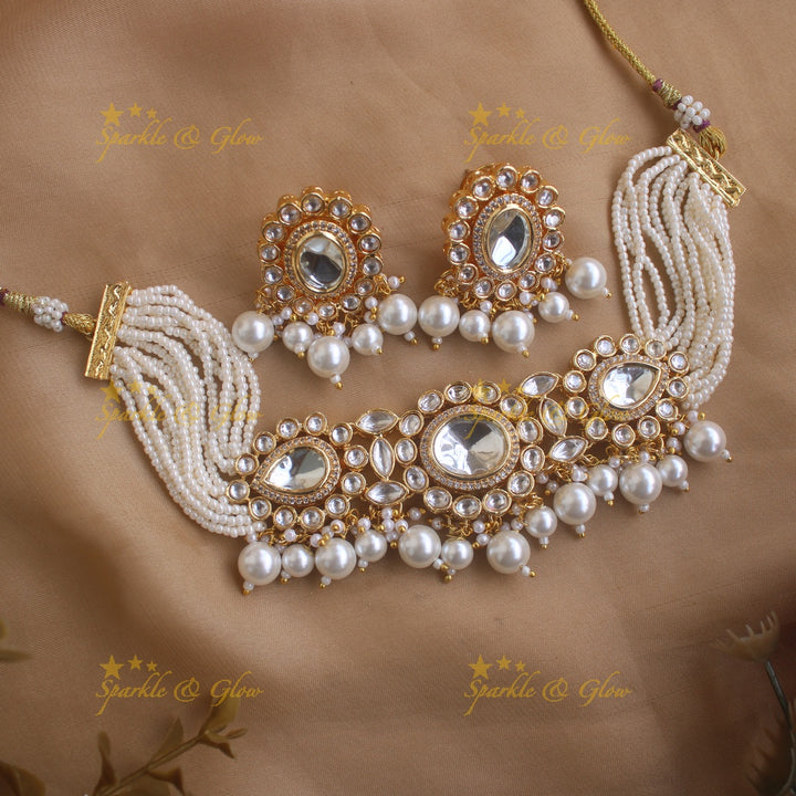 Stunning oval kundan stone victorian AD choker with multi layer pearl and green beads - white green