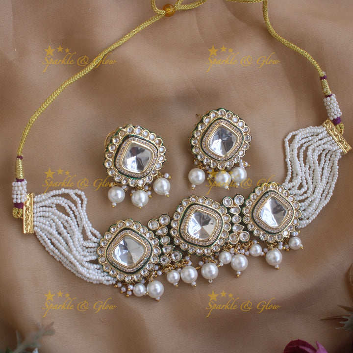 Statement Diamond shape kundan stone victorian AD choker with multi layer pearl and maroon beads - white maroon