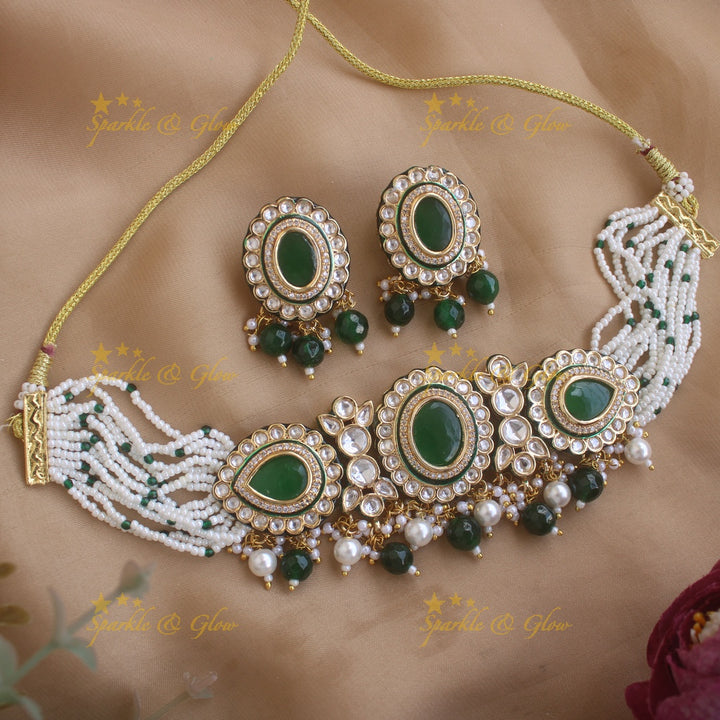 Stunning oval kundan stone victorian AD choker with multi layer pearl and green beads - white green