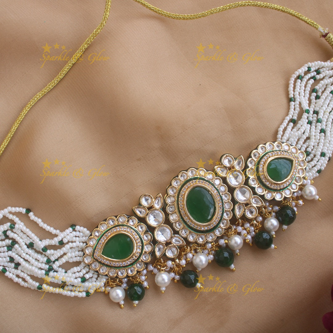 Stunning oval kundan stone victorian AD choker with multi layer pearl and green beads - white green