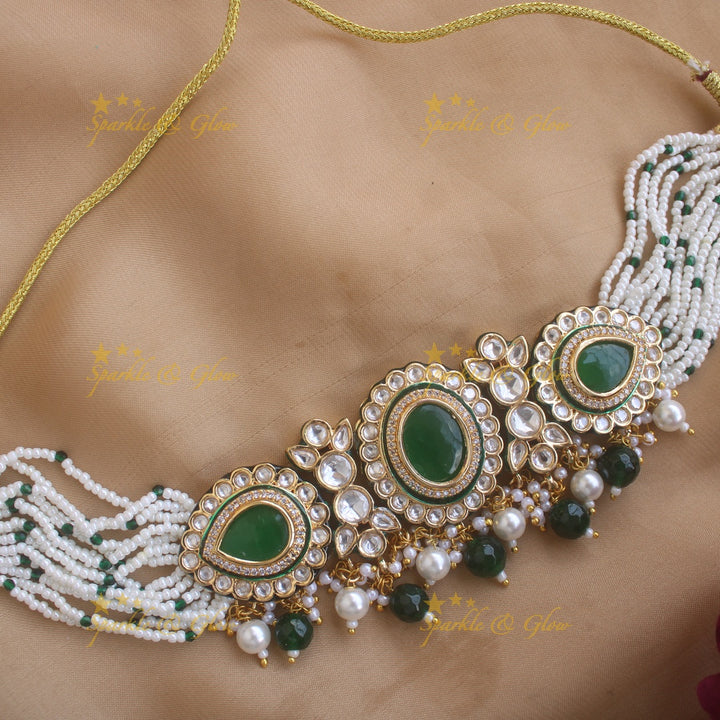 Stunning oval kundan stone victorian AD choker with multi layer pearl and green beads - white green