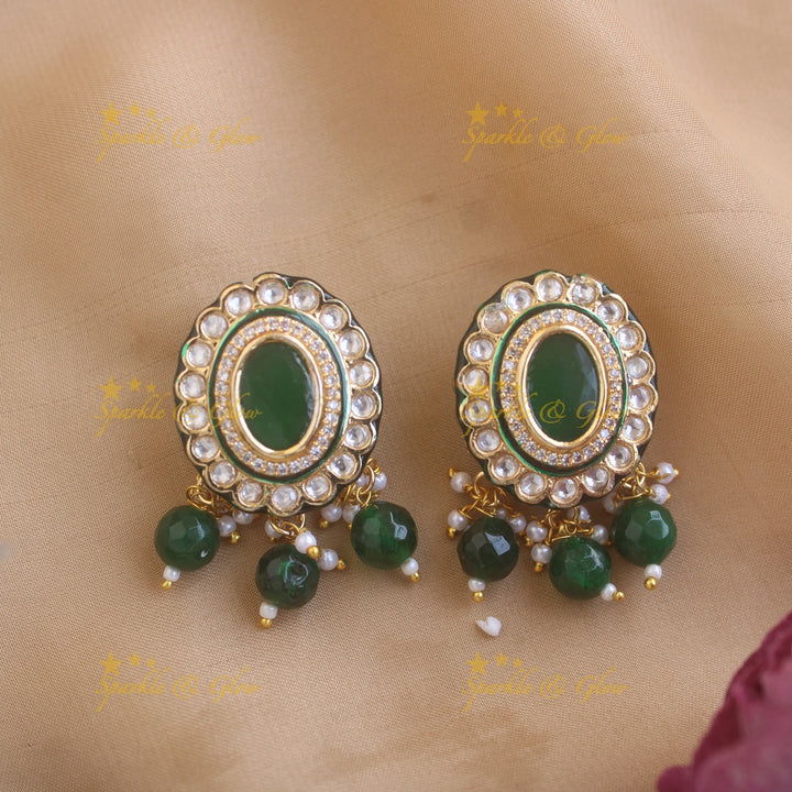 Stunning oval kundan stone victorian AD choker with multi layer pearl and green beads - white green