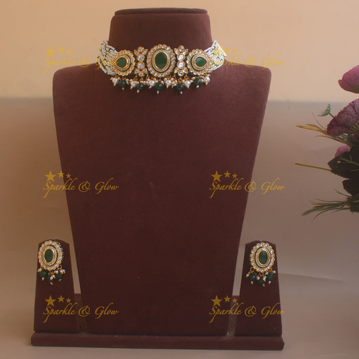Stunning oval kundan stone victorian AD choker with multi layer pearl and green beads - white green