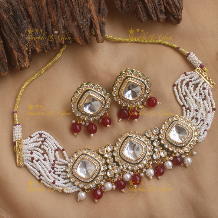 Statement Diamond shape kundan stone victorian AD choker with multi layer pearl and maroon beads - white maroon