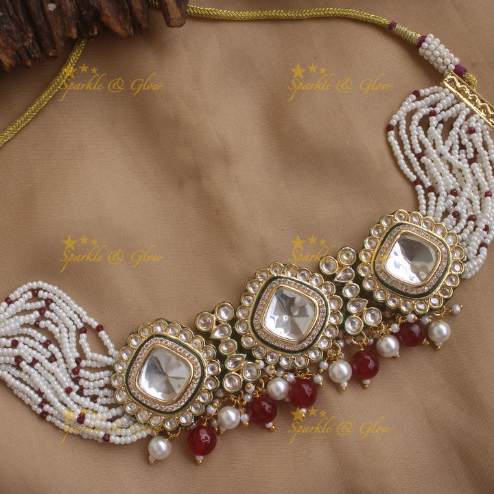 Statement Diamond shape kundan stone victorian AD choker with multi layer pearl and maroon beads - white maroon
