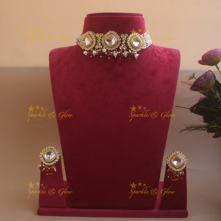 Statement Diamond shape kundan stone victorian AD choker with multi layer pearl and maroon beads - white maroon