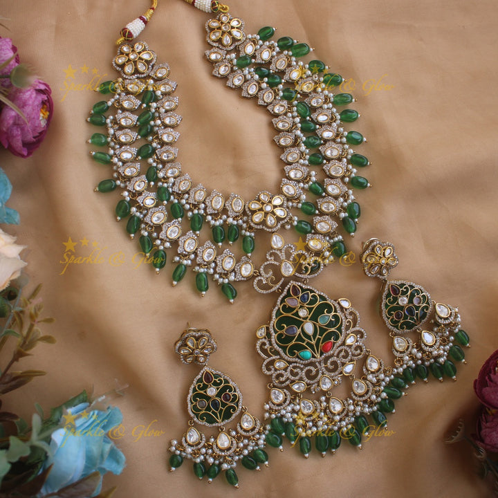 Beautiful Floral and leaf design two layer Victorian AD haram with green beads