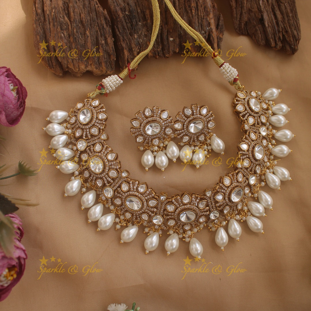 Stunning Floral design Victorian AD short necklace with pearl drops