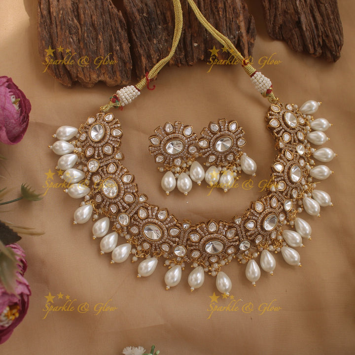 Stunning Floral design Victorian AD short necklace with pearl drops
