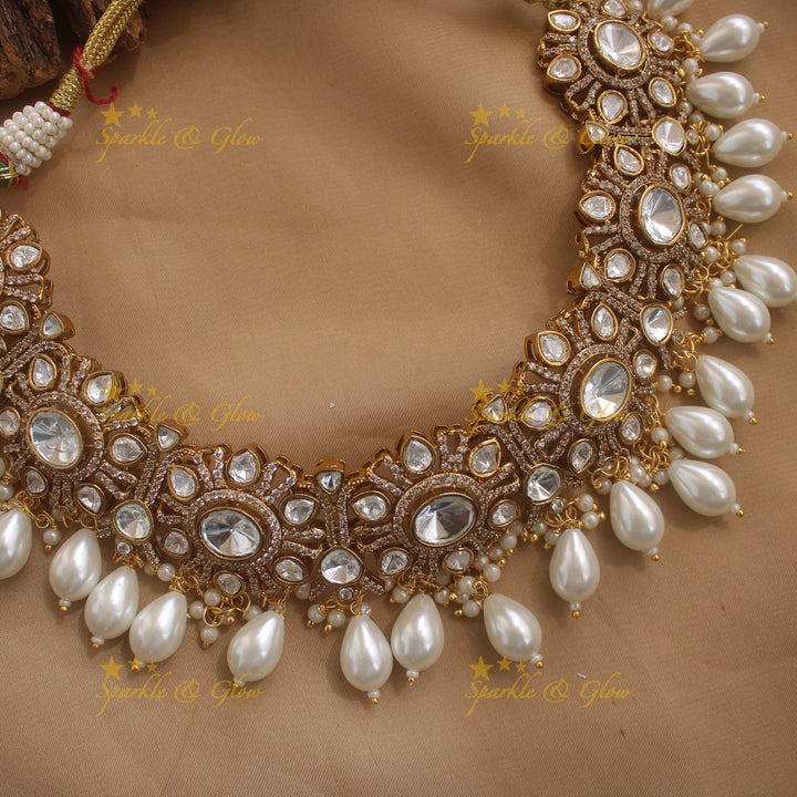 Stunning Floral design Victorian AD short necklace with pearl drops