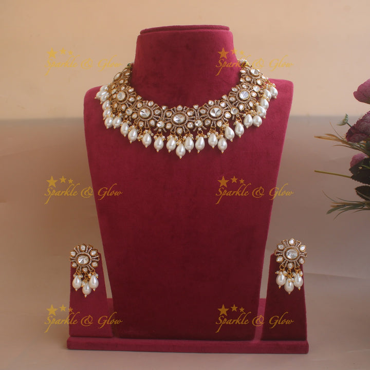 Stunning Floral design Victorian AD short necklace with pearl drops