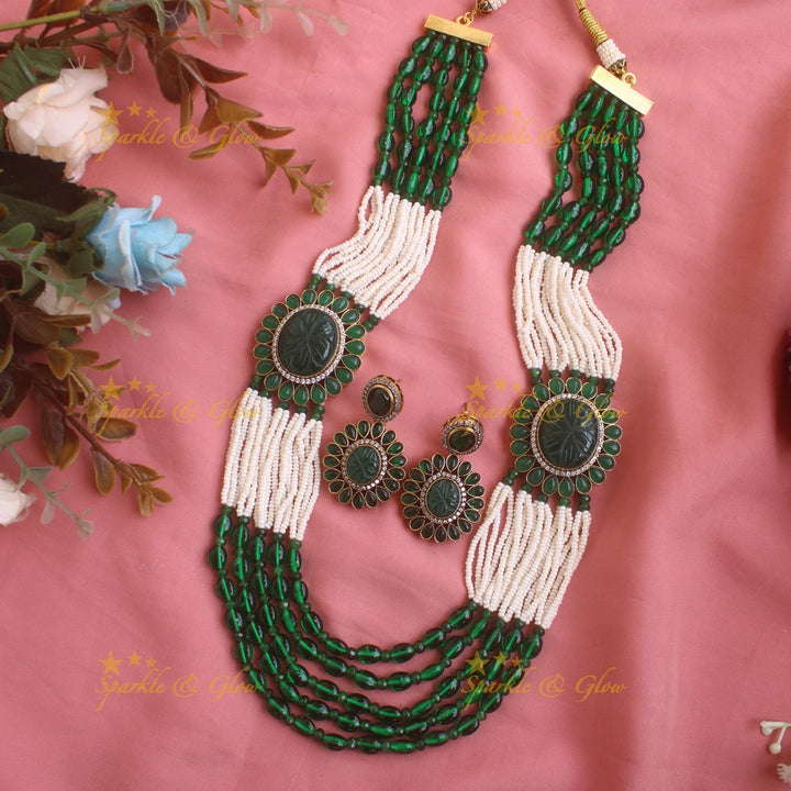 Gorgeous Floral design multi layer Victorian AD haram with navaratna stones pearls and purple beads - purple