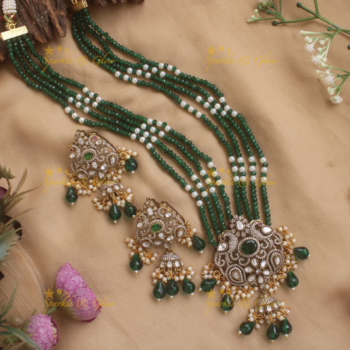 Statement peacock pendant multi layer Victorian AD haram with pearls and red beads - red