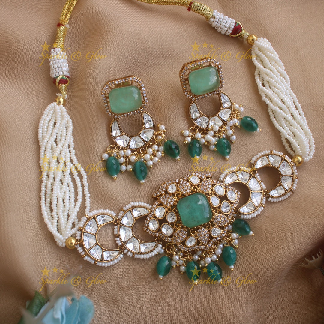 Stunning Floral half moon design victorian AD choker with green beads
