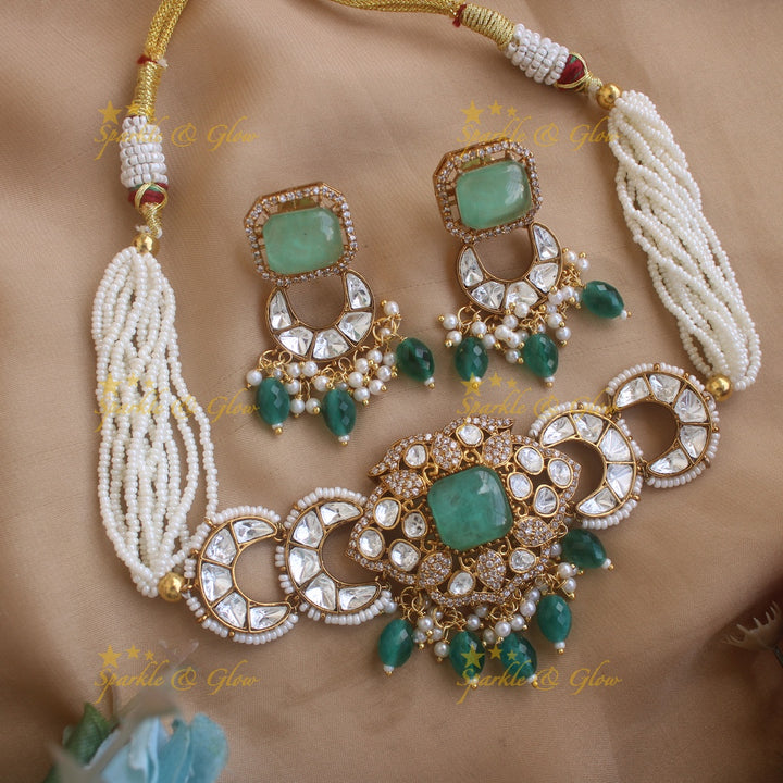 Stunning Floral half moon design victorian AD choker with green beads