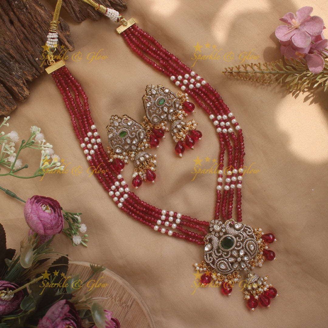 Statement peacock pendant multi layer Victorian AD haram with pearls and red beads - red