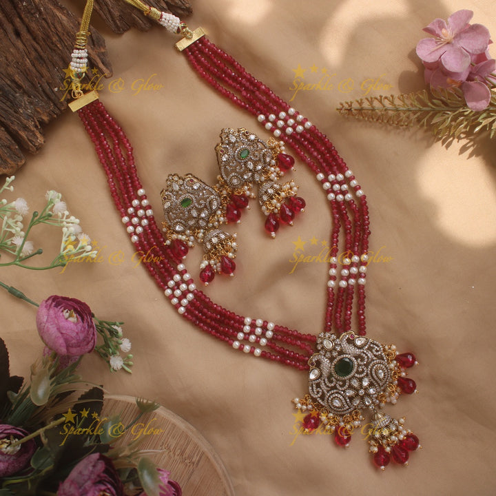 Statement peacock pendant multi layer Victorian AD haram with pearls and red beads - red