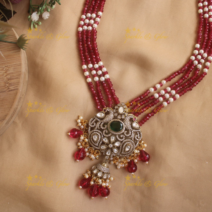 Statement peacock pendant multi layer Victorian AD haram with pearls and red beads - red