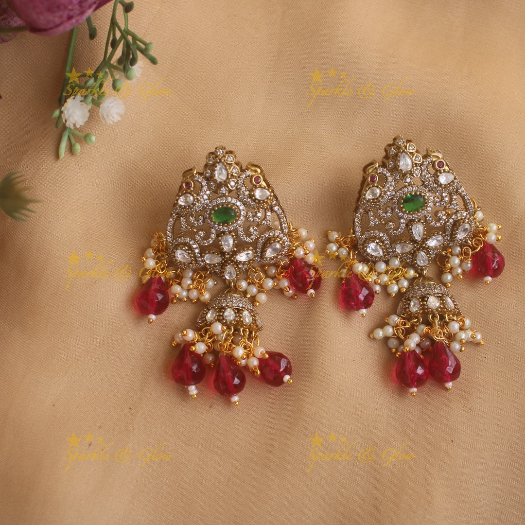 Statement peacock pendant multi layer Victorian AD haram with pearls and red beads - red