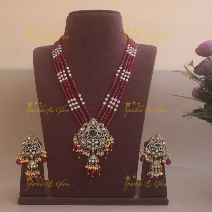 Statement peacock pendant multi layer Victorian AD haram with pearls and red beads - red