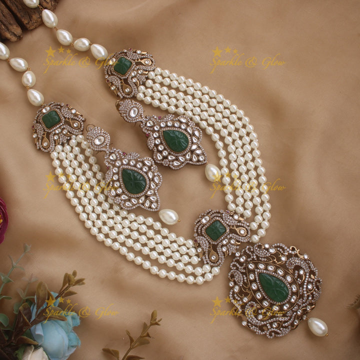 Grand peacock pendant Victorian AD multi layer pearl haram with emerald