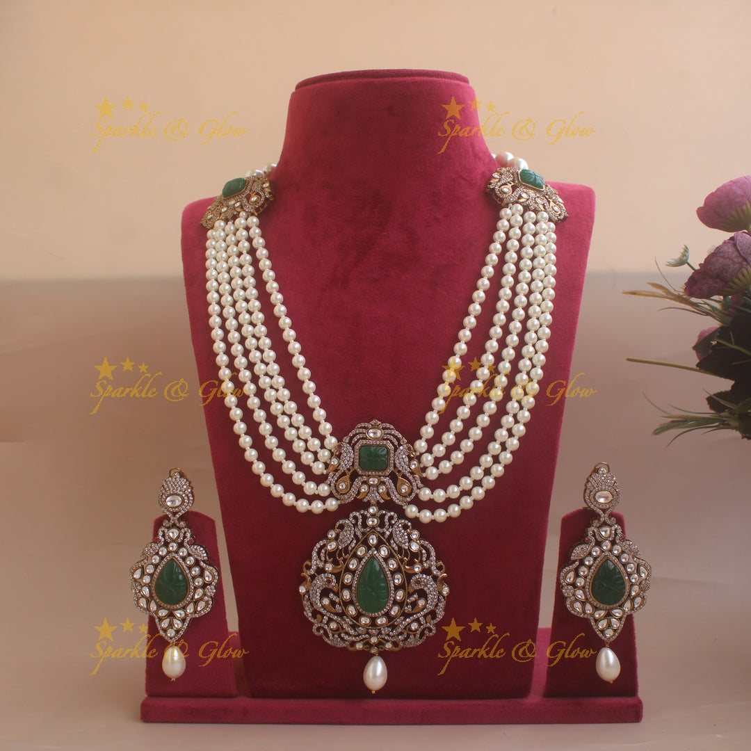 Grand peacock pendant Victorian AD multi layer pearl haram with emerald