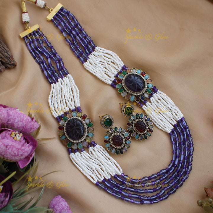 Gorgeous Floral design multi layer Victorian AD haram with navaratna stones pearls and purple beads - purple