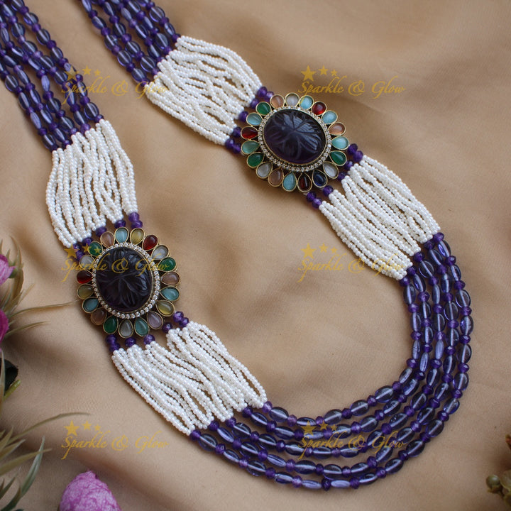Gorgeous Floral design multi layer Victorian AD haram with navaratna stones pearls and purple beads - purple