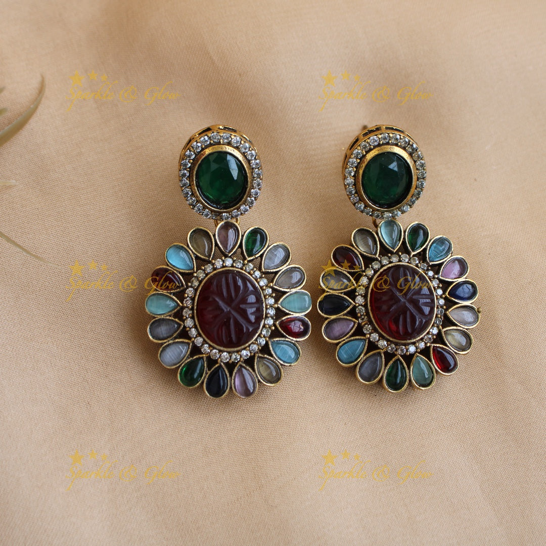 Gorgeous Floral design multi layer Victorian AD haram with navaratna stones pearls and purple beads - purple