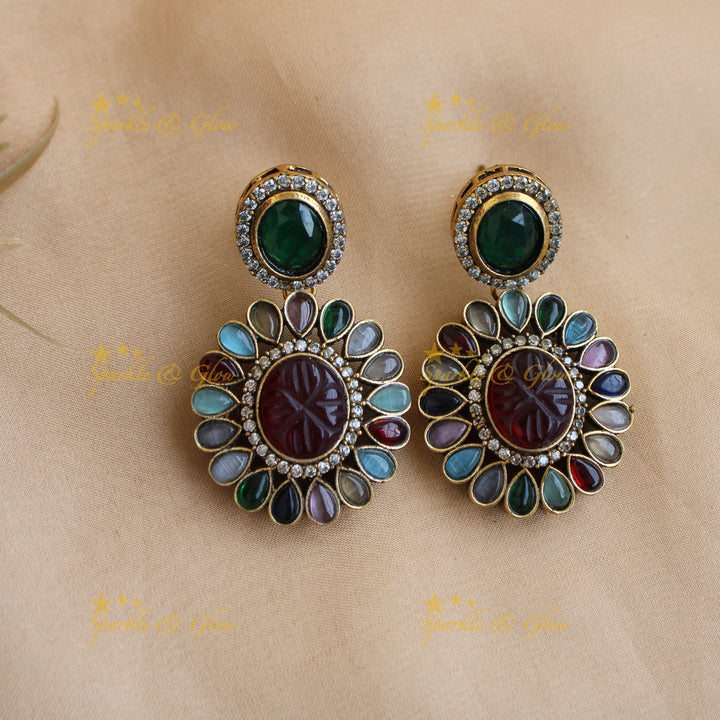Gorgeous Floral design multi layer Victorian AD haram with navaratna stones pearls and purple beads - purple